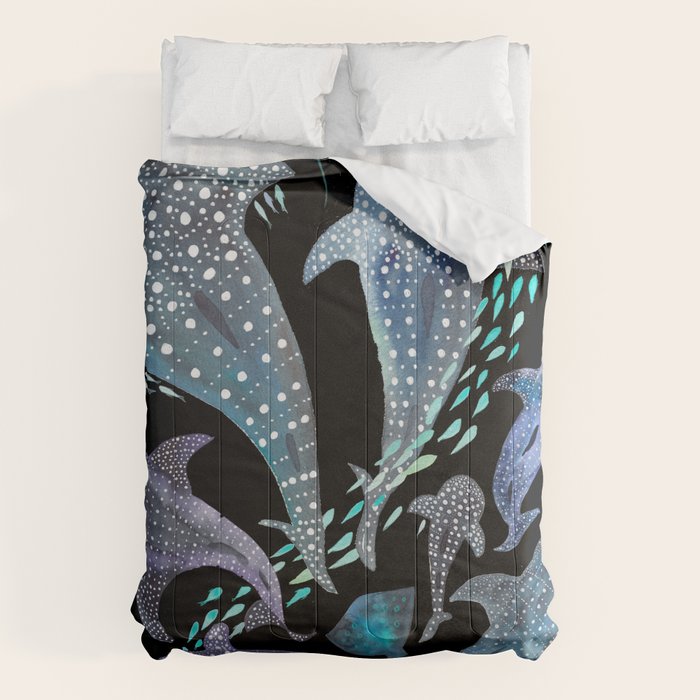 Whale Shark, Ray & Sea Creature Play Print, in Black Comforter Gallery Image 1