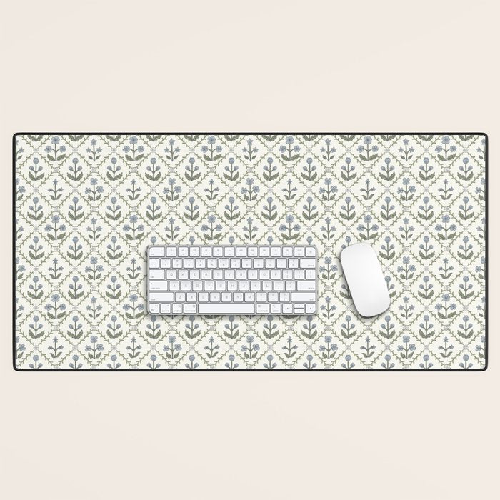 Lattice Block Print Floral - Blue Green Desk Mat Gallery Image 1