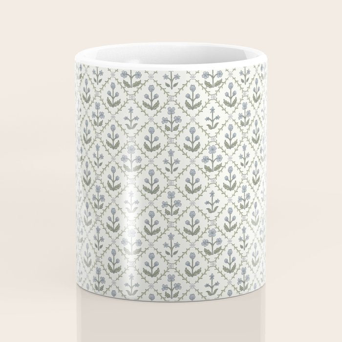 Lattice Block Print Floral - Blue Green Coffee Mug Gallery Image 4