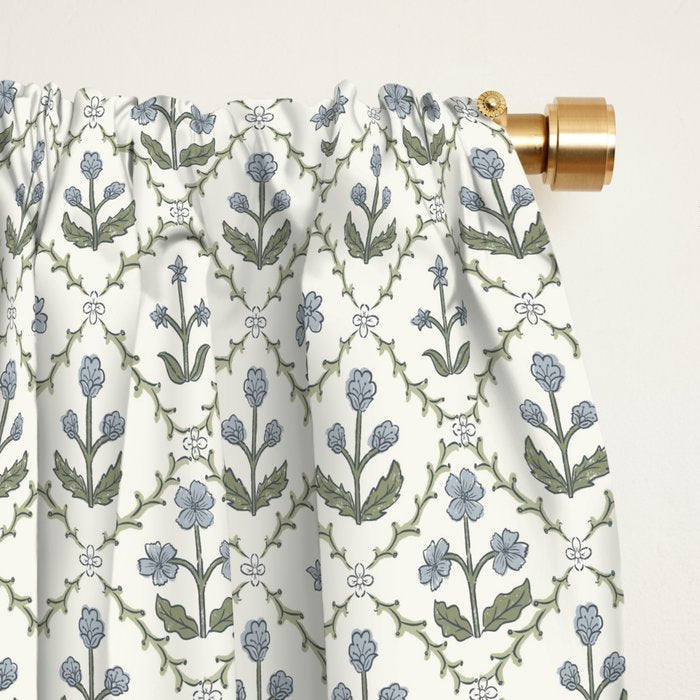 Lattice Block Print Floral - Blue Green Window Curtain Gallery Image 2