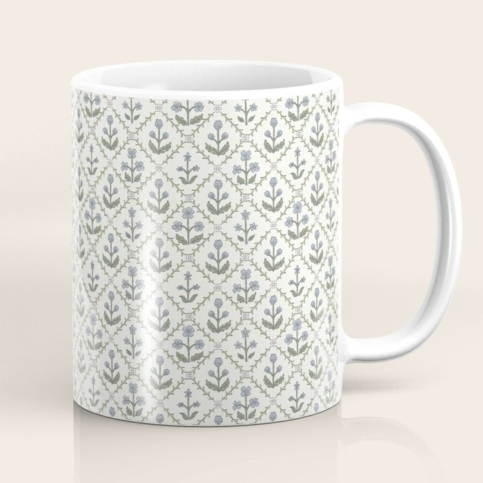 Lattice Block Print Floral - Blue Green Coffee Mug Gallery Image 1