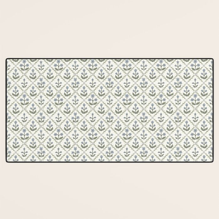 Lattice Block Print Floral - Blue Green Desk Mat Gallery Image 3