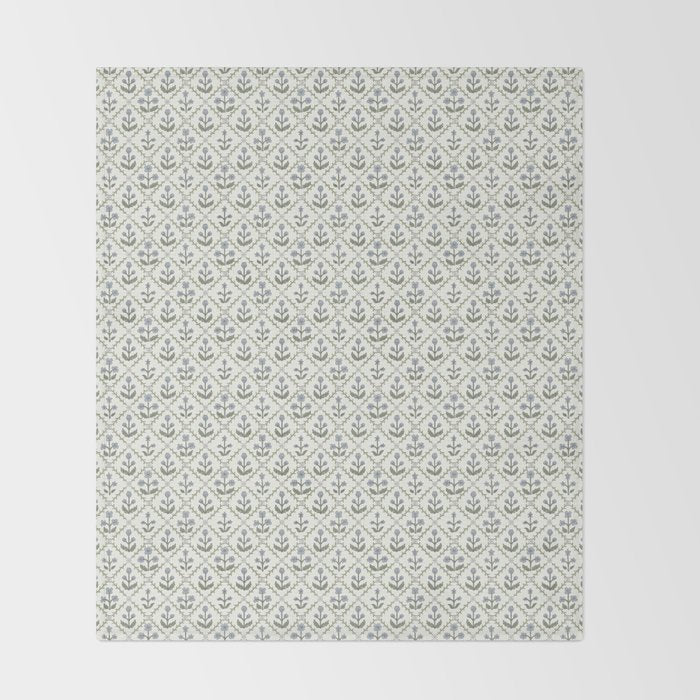 Lattice Block Print Floral - Blue Green Throw Blanket Gallery Image 2