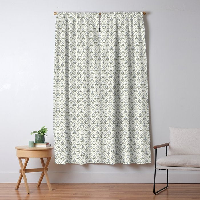 Lattice Block Print Floral - Blue Green Window Curtain Gallery Image 5