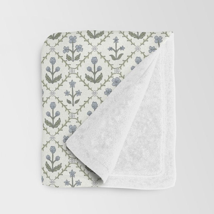 Lattice Block Print Floral - Blue Green Throw Blanket Gallery Image 3