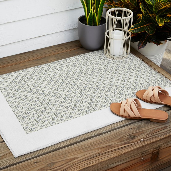 Lattice Block Print Floral - Blue Green Outdoor Rug Gallery Image 2