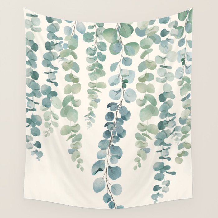 Watercolor Eucalyptus Leaves Wall Tapestry Gallery Image 4