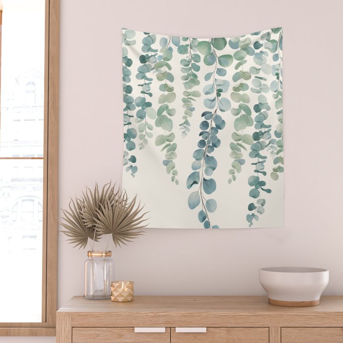 Watercolor Eucalyptus Leaves Wall Tapestry Gallery Image 2