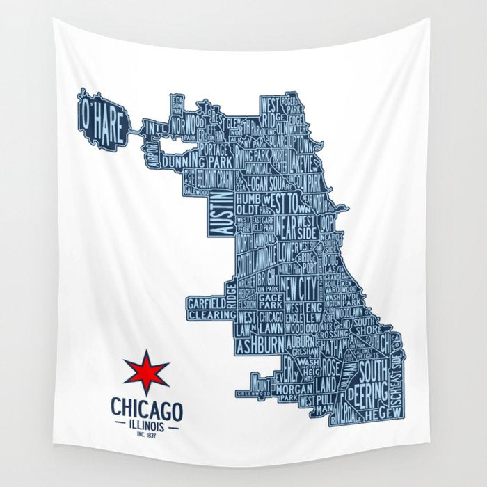 Chicago Neighborhood Map Wall Tapestry Gallery Image 1