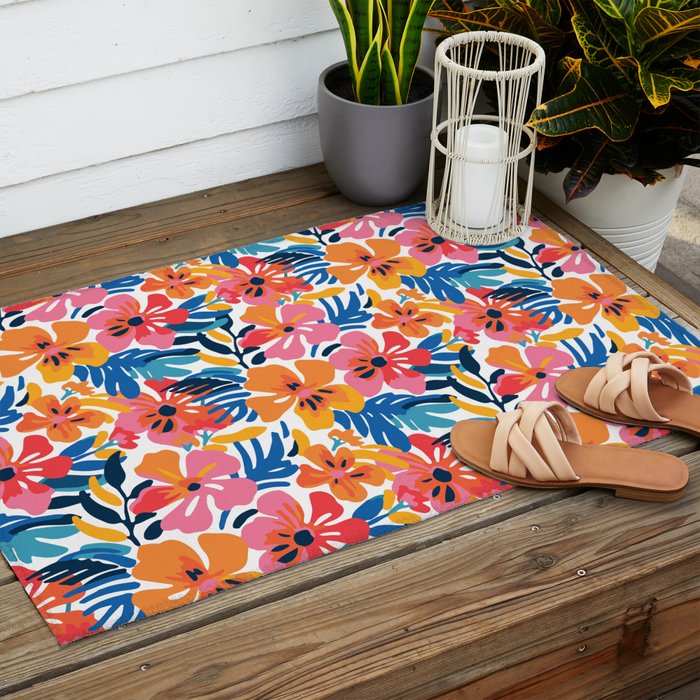 Tropical watercolor flower nature art pattern Outdoor Rug Gallery Image 2