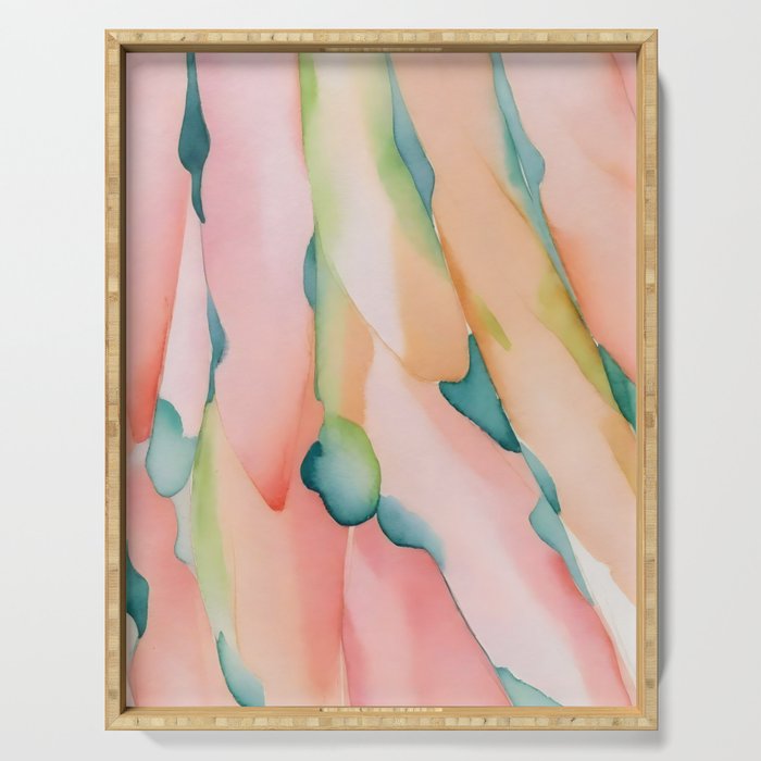 Blush Feathers, Soft Watercolor Pastel Petals, Bohemian Eclectic Minimal Painting Pink Blue Serving Tray Gallery Image 1