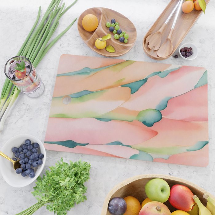 Blush Feathers, Soft Watercolor Pastel Petals, Bohemian Eclectic Minimal Painting Pink Blue Cutting Board Gallery Image 2