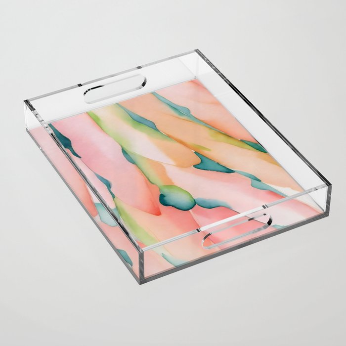 Blush Feathers, Soft Watercolor Pastel Petals, Bohemian Eclectic Minimal Painting Pink Blue Acrylic Tray Gallery Image 1
