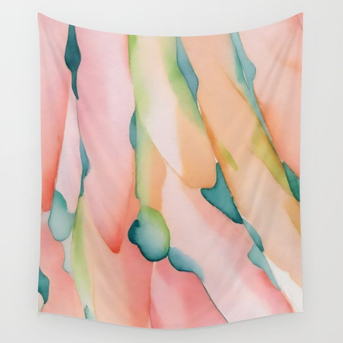 Blush Feathers, Soft Watercolor Pastel Petals, Bohemian Eclectic Minimal Painting Pink Blue Wall Tapestry Gallery Image 1