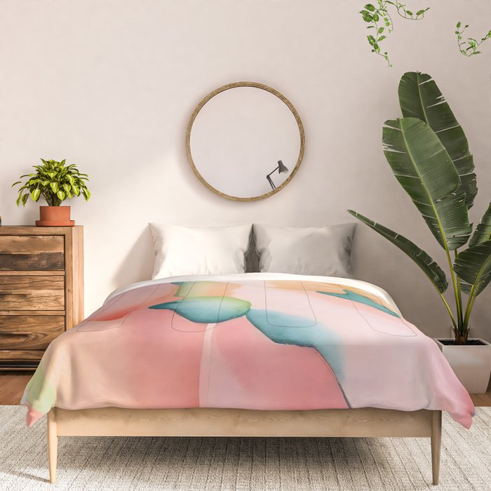 Blush Feathers, Soft Watercolor Pastel Petals, Bohemian Eclectic Minimal Painting Pink Blue Comforter Gallery Image 3