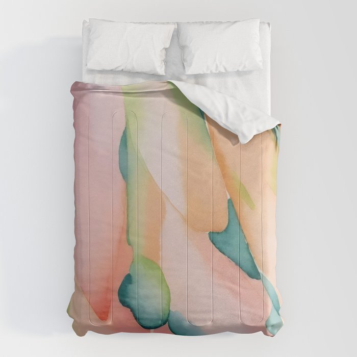 Blush Feathers, Soft Watercolor Pastel Petals, Bohemian Eclectic Minimal Painting Pink Blue Comforter Gallery Image 1