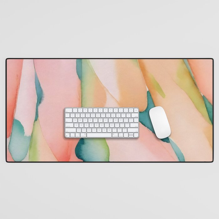 Blush Feathers, Soft Watercolor Pastel Petals, Bohemian Eclectic Minimal Painting Pink Blue Desk Mat Gallery Image 1