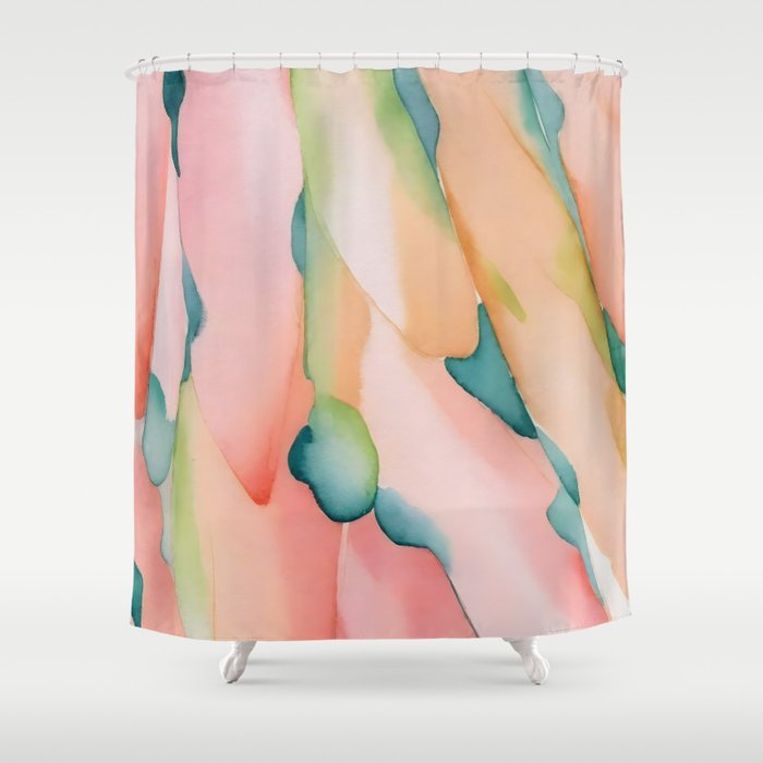 Blush Feathers, Soft Watercolor Pastel Petals, Bohemian Eclectic Minimal Painting Pink Blue Shower Curtain Gallery Image 1