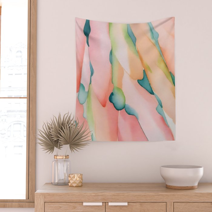 Blush Feathers, Soft Watercolor Pastel Petals, Bohemian Eclectic Minimal Painting Pink Blue Wall Tapestry Gallery Image 2