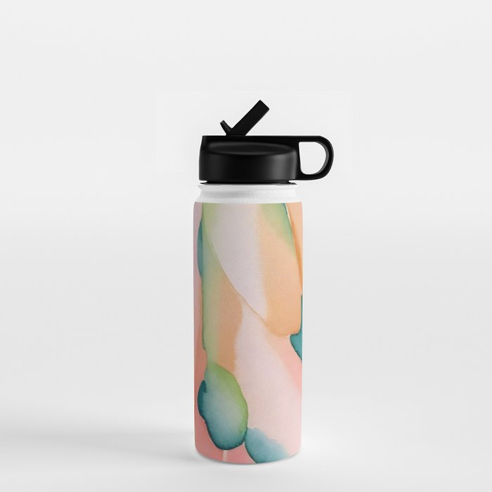 Blush Feathers, Soft Watercolor Pastel Petals, Bohemian Eclectic Minimal Painting Pink Blue Water Bottle Gallery Image 1