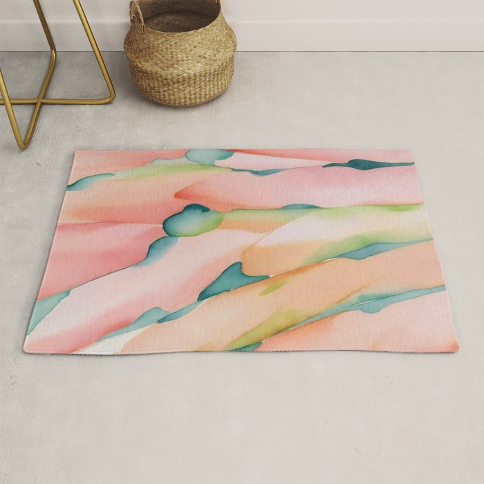 Blush Feathers, Soft Watercolor Pastel Petals, Bohemian Eclectic Minimal Painting Pink Blue Rug Gallery Image 1