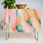 Blush Feathers, Soft Watercolor Pastel Petals, Bohemian Eclectic Minimal Painting Pink Blue Credenza Gallery Image 1