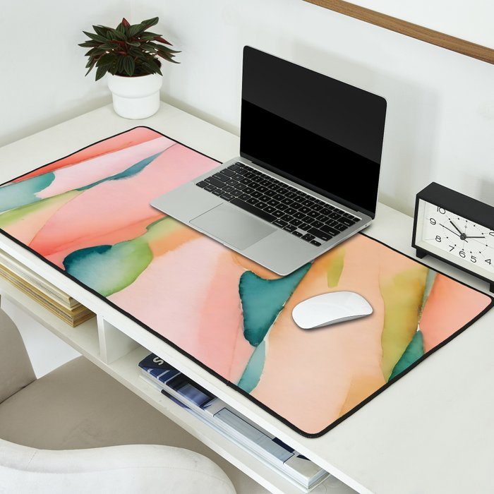 Blush Feathers, Soft Watercolor Pastel Petals, Bohemian Eclectic Minimal Painting Pink Blue Desk Mat Gallery Image 2