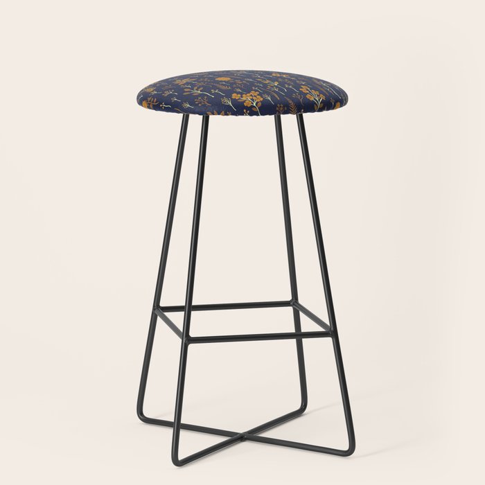 Navy Blue & Mustard Yellow Floral Pattern Stool Gallery Image 1