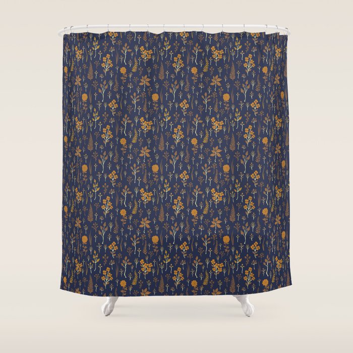 Navy Blue & Mustard Yellow Floral Pattern Shower Curtain Gallery Image 1