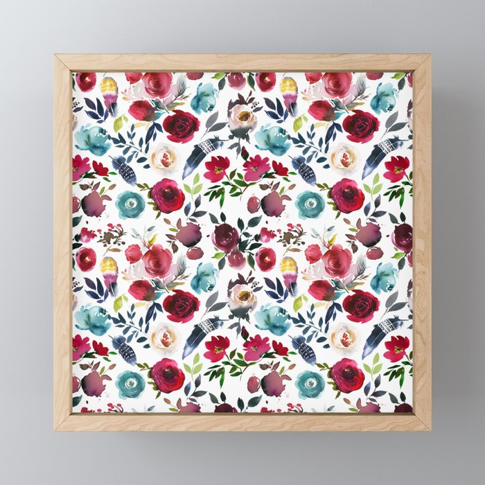 Burgundy pink teal blue watercolor boho floral Mini Art Print Gallery Image 1