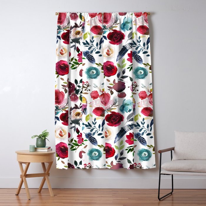 Burgundy pink teal blue watercolor boho floral Window Curtain Gallery Image 5