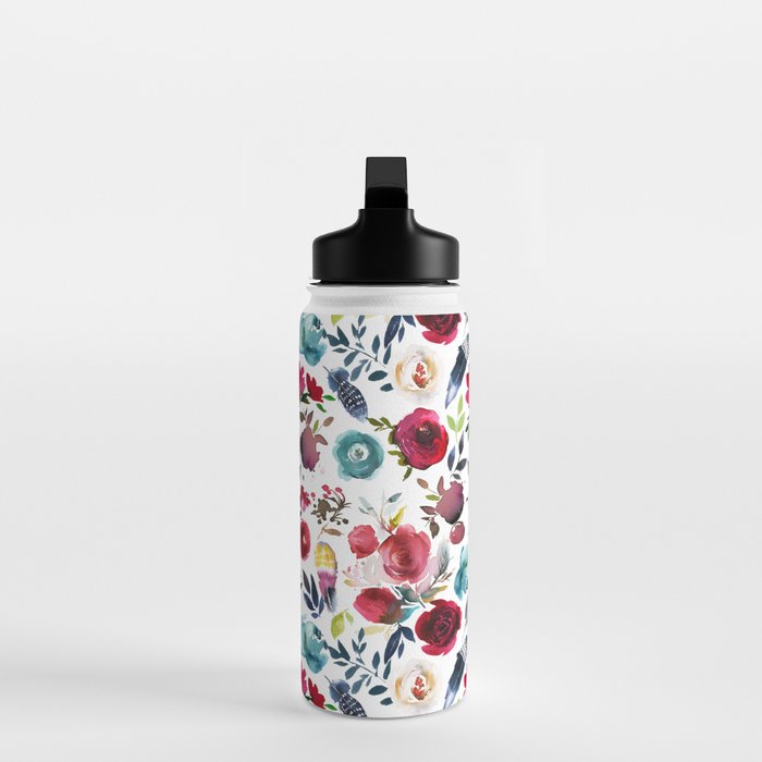 Burgundy pink teal blue watercolor boho floral Water Bottle Gallery Image 3