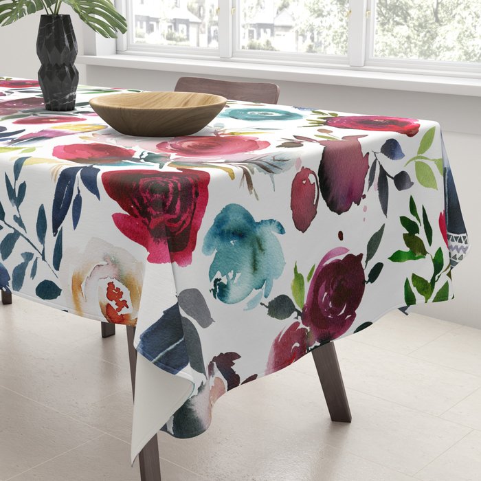 Burgundy pink teal blue watercolor boho floral Tablecloth Gallery Image 3