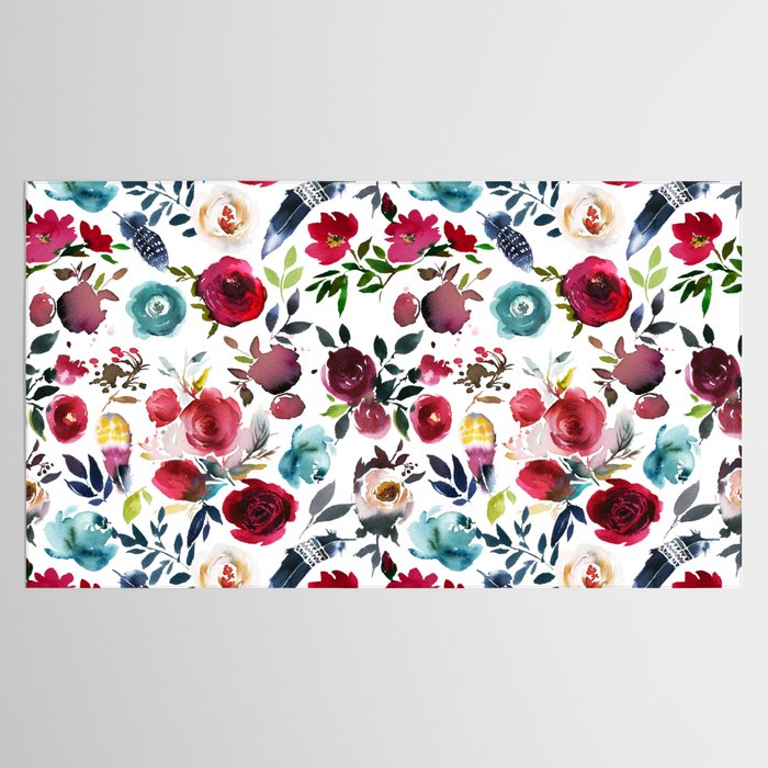 Burgundy pink teal blue watercolor boho floral Tablecloth Gallery Image 2