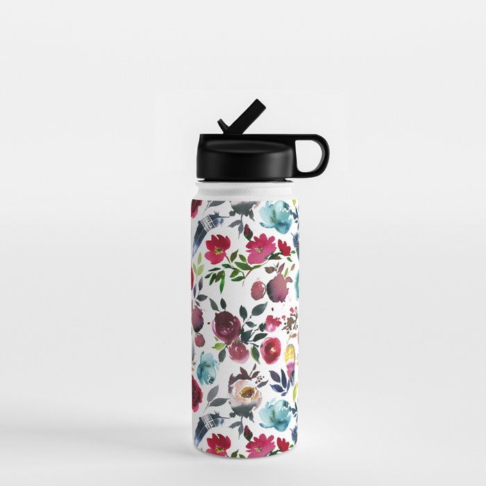 Burgundy pink teal blue watercolor boho floral Water Bottle Gallery Image 1