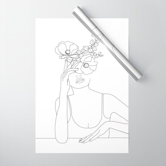 Minimal Line Art Woman with Flowers II Wrapping Paper Gallery Image 1