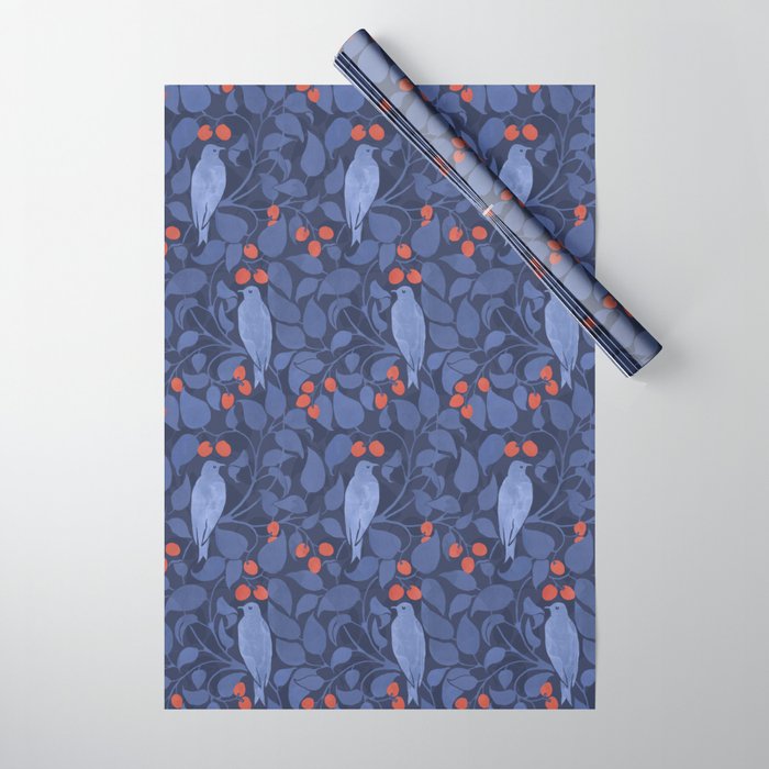 Blue Birds And Red Cherries Blue Wrapping Paper Gallery Image 1