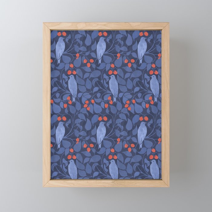 Blue Birds And Red Cherries Blue Mini Art Print Gallery Image 1