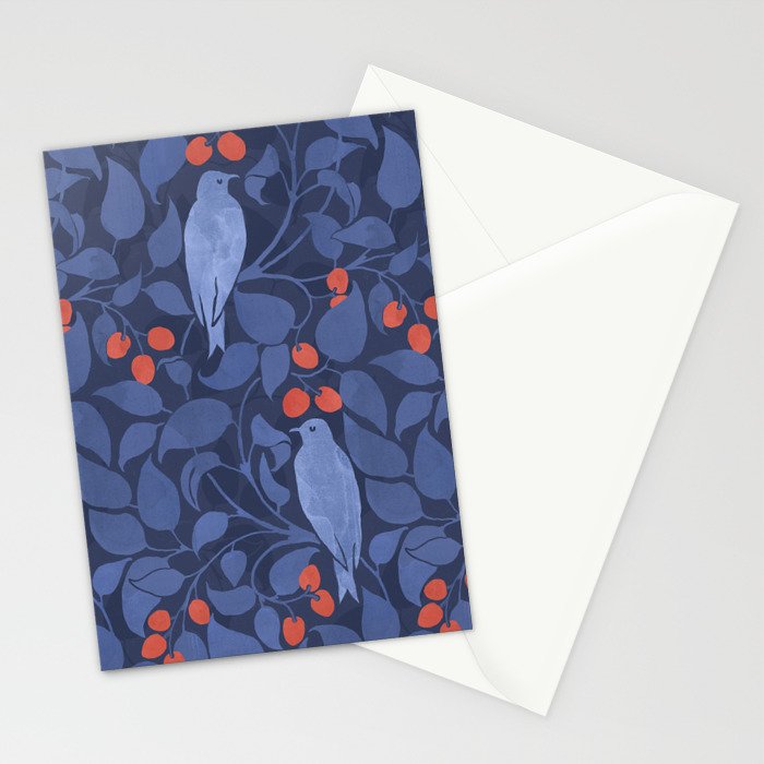 Blue Birds And Red Cherries Blue Stationery Card Gallery Image 2