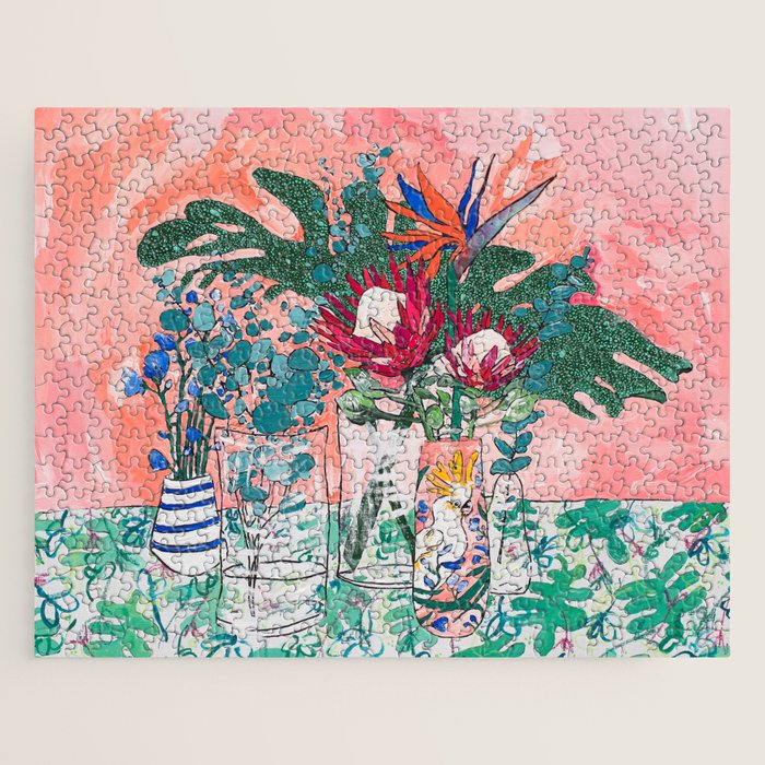 Cockatoo Vase - Bouquet of Flowers on Coral and Jungle Jigsaw Puzzle Gallery Image 1