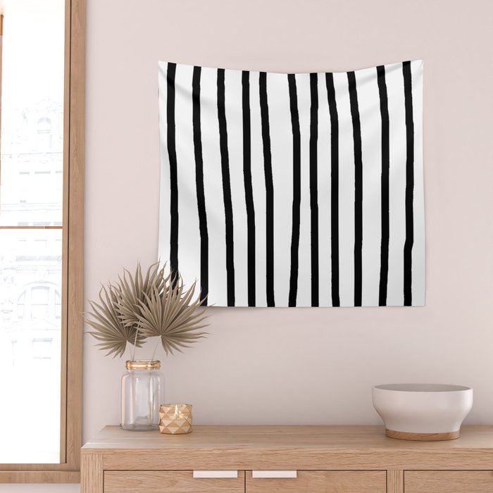 Simply Drawn Vertical Stripes in Midnight Black Wall Tapestry Gallery Image 2