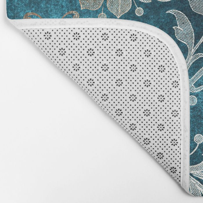 Aqua Teal Vintage Floral Damask Pattern Bath Mat Gallery Image 2