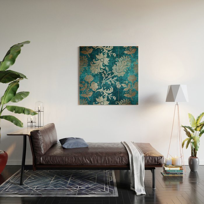 Aqua Teal Vintage Floral Damask Pattern Wood Wall Art Gallery Image 2