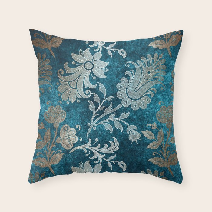 Aqua Teal Vintage Floral Damask Pattern Throw Pillow Gallery Image 6