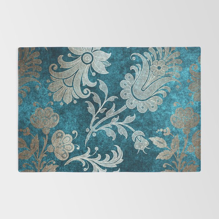 Aqua Teal Vintage Floral Damask Pattern Rug Gallery Image 2