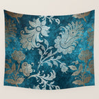 Aqua Teal Vintage Floral Damask Pattern Wall Tapestry Gallery Image 4