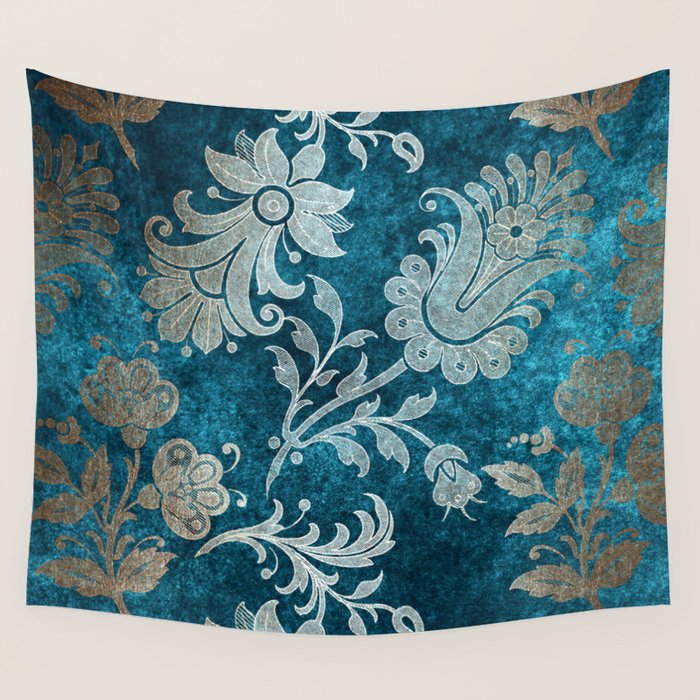 Aqua Teal Vintage Floral Damask Pattern Wall Tapestry Gallery Image 4