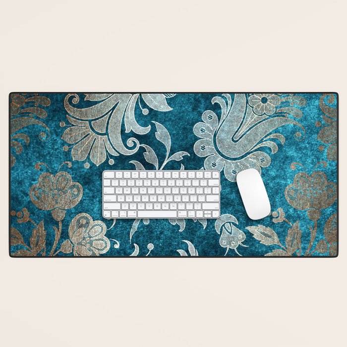 Aqua Teal Vintage Floral Damask Pattern Desk Mat Gallery Image 1