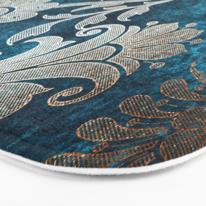 Aqua Teal Vintage Floral Damask Pattern Bath Mat Gallery Image 3