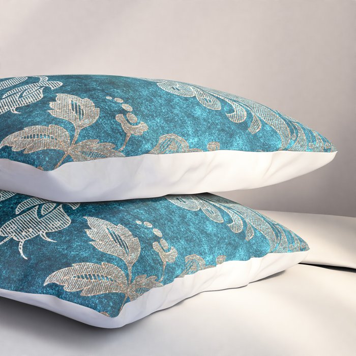 Aqua Teal Vintage Floral Damask Pattern Pillow Sham Gallery Image 3
